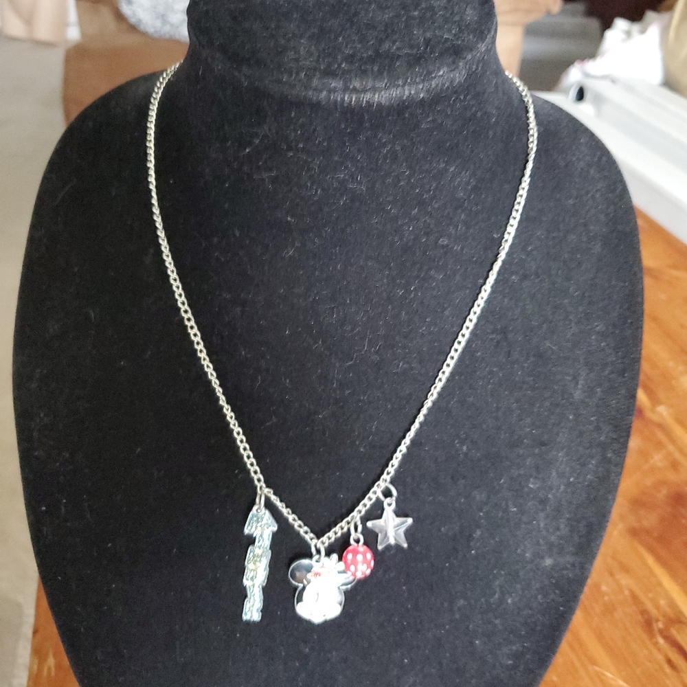 DISNEY Minnie Mouse silver charm necklace red white polka dot ball star glitter - Picture 2 of 7